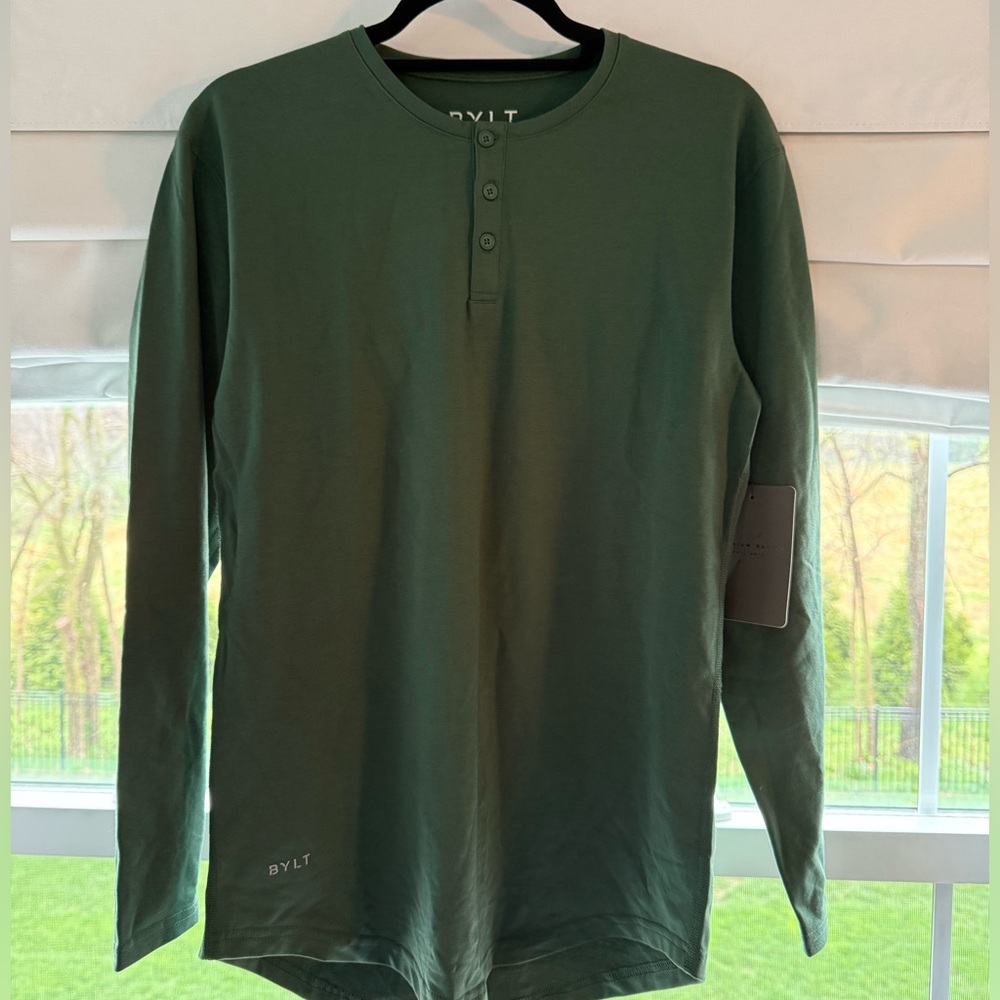 BYLT Henley T Shirt Men's Size S Green Drop Cut Long Sleeve